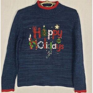 Tiara International Womens Christmas Sweater Size Small Blue Happy Holidays
